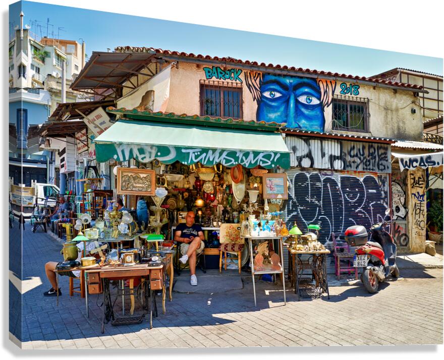 Flea market stalls at Monastiraki in Athens on a sunny day