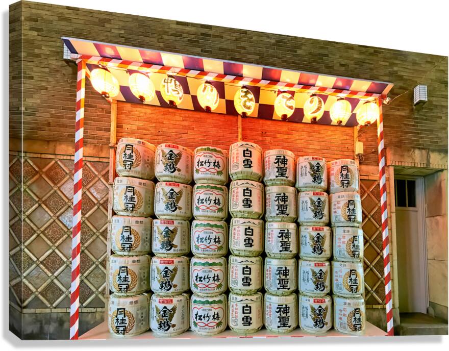 Sake barrels are stacked in a row in Gion district Kyoto