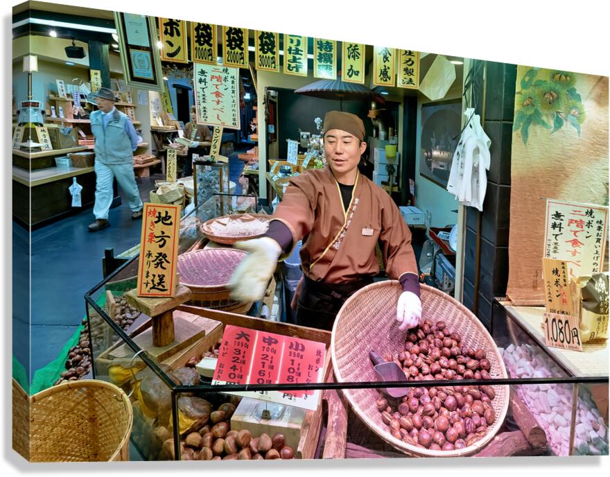 Chestnut seller at Nishiki Market in Kyoto Japan during the day