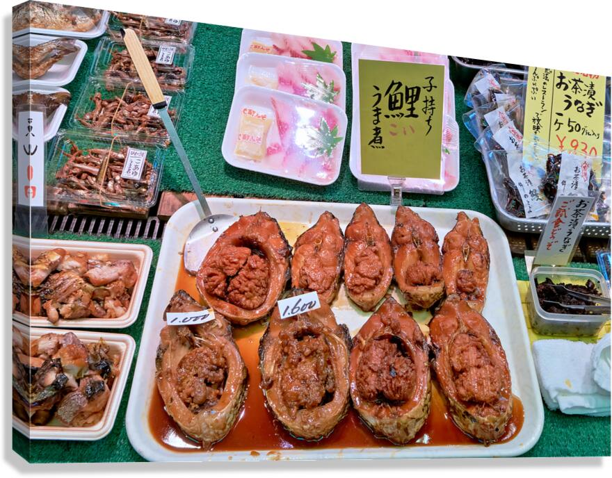 Traditional seafood display at Nishiki Market in Kyoto Japan