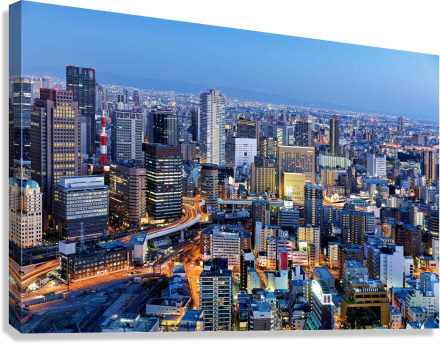 Osaka business financial district view at dusk with city lights