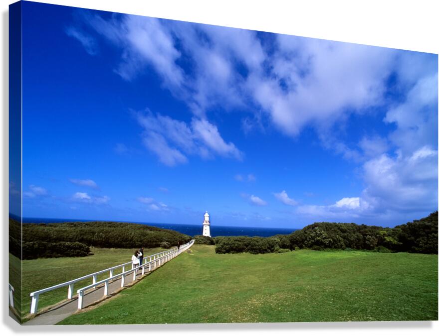 A path leads to a coastal lighthouse under blue skies.