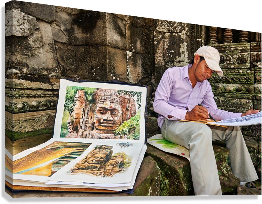 Artist drawing ancient temple carvings outdoors.