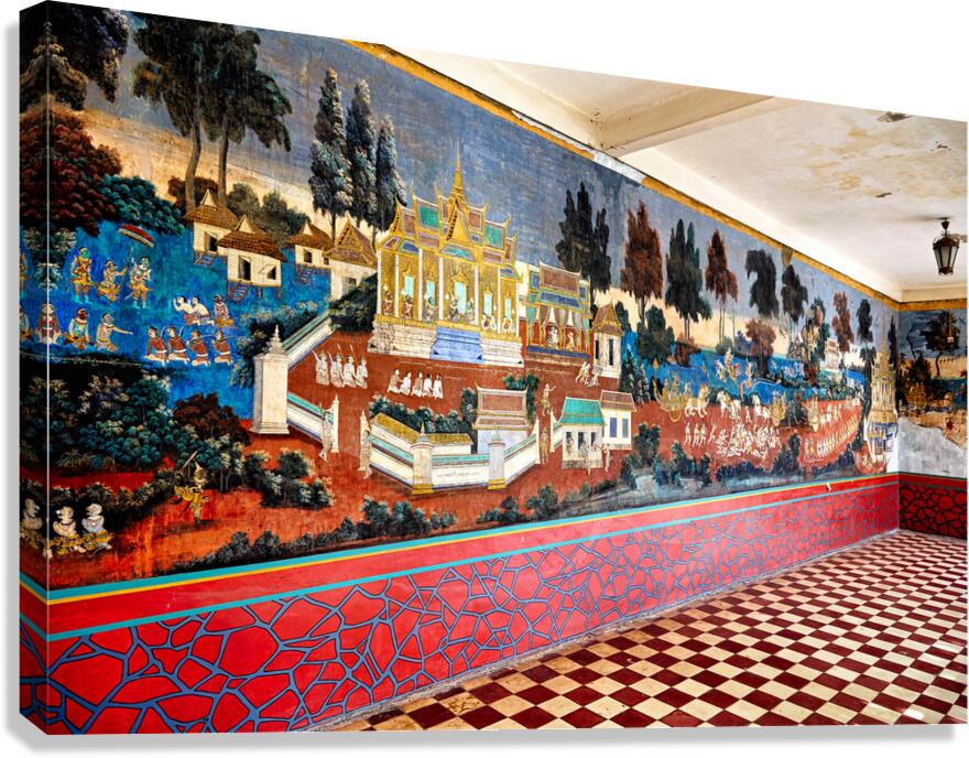 Vibrant Cambodian temple mural showcasing traditional life and a