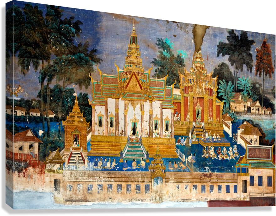 Cambodian temple mural depicting traditional life and architectu