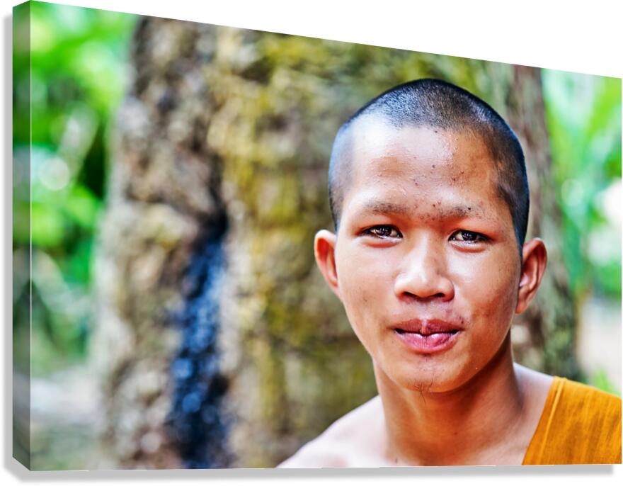 Young monk in orange robe looks at camera.