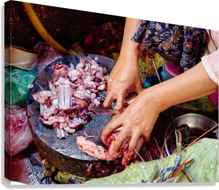Hands preparing raw frog meat and seafood.