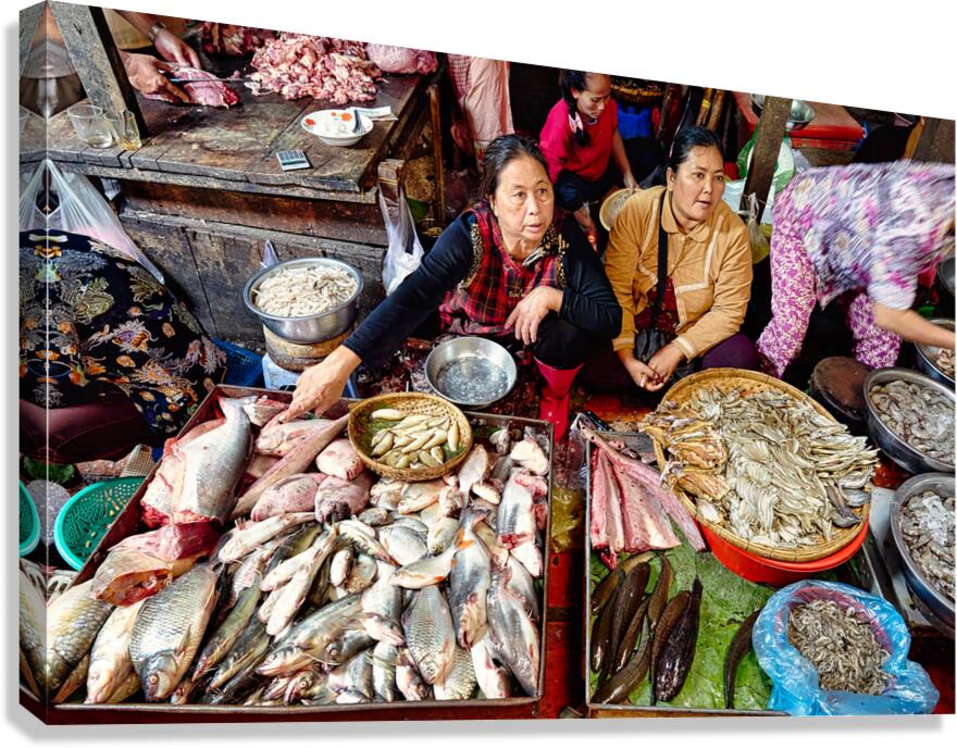Market vendors selling fresh fish seafood and meat.