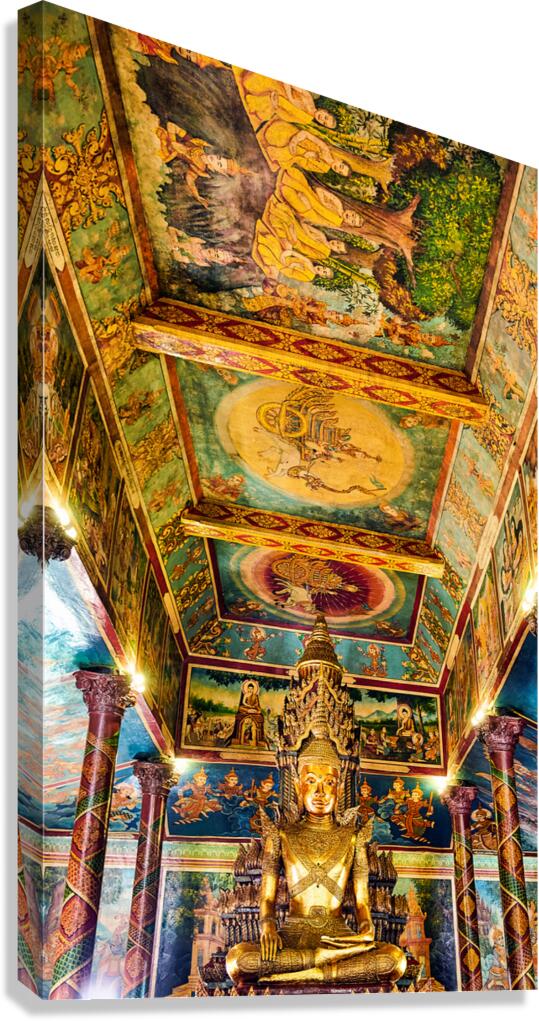 Golden Buddha statue surrounded by vibrant detailed temple mura