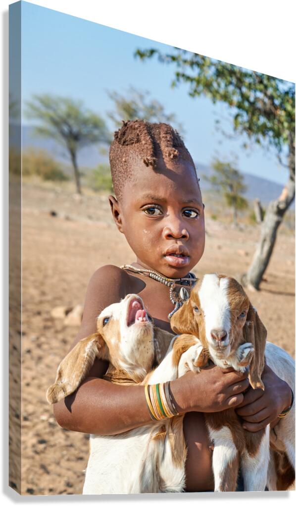 Child carries goats in Himba village of Namibia Kunene Region