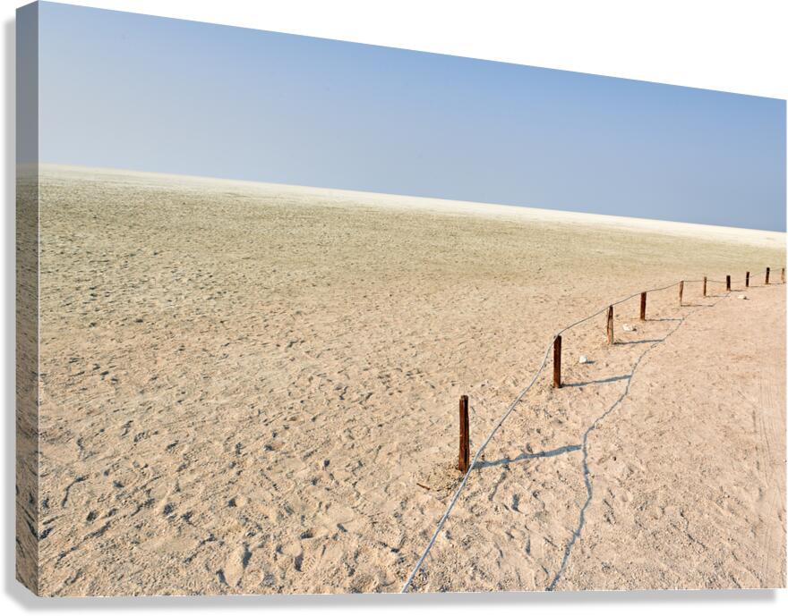 Etosha Pan in Namibia shows vast dry landscape with markers