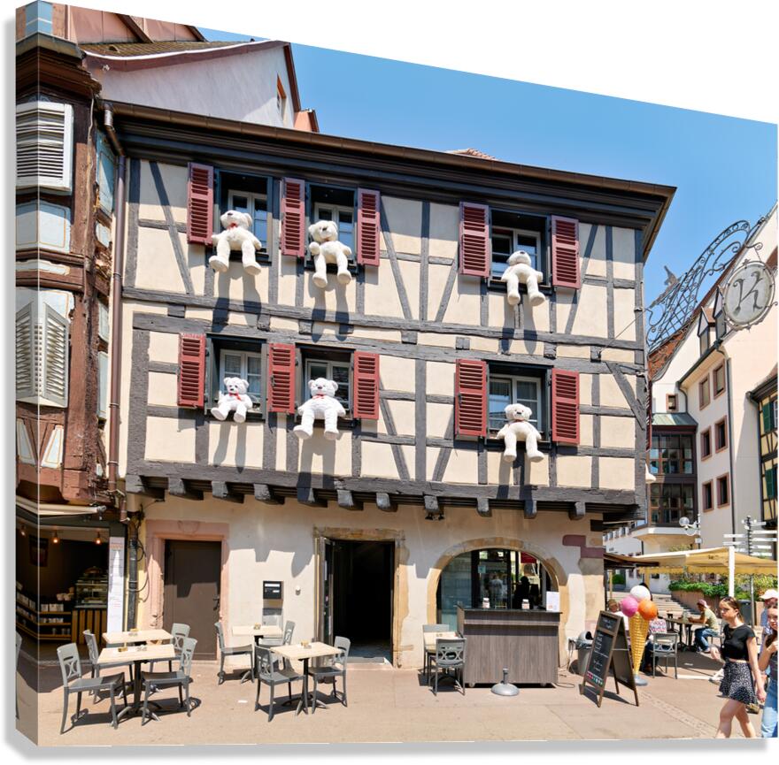 Timber framed houses with teddy bears in Colmar Alsace France