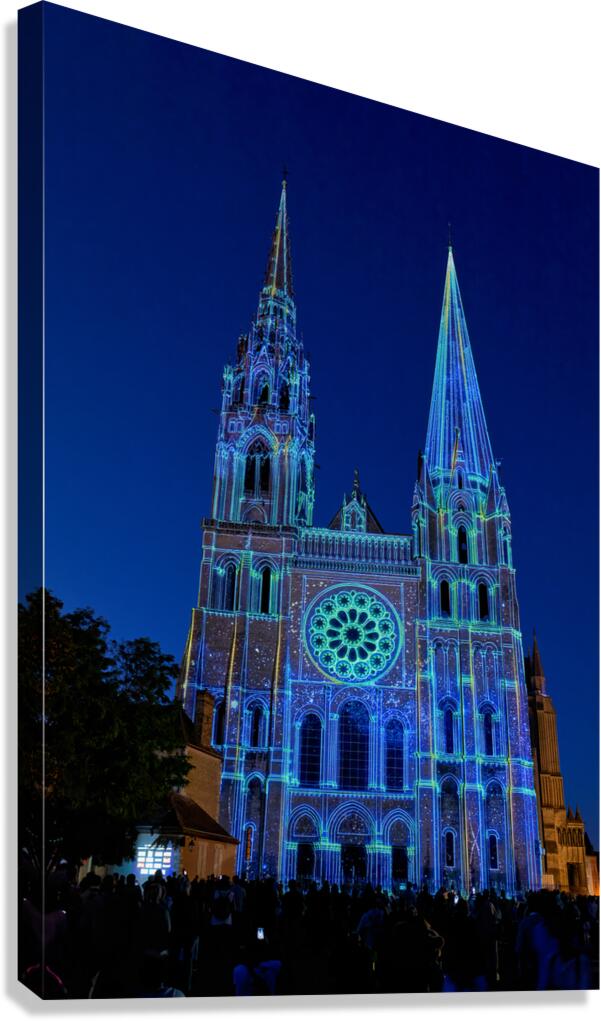 Cathedral of Chartres lit at night during a light show