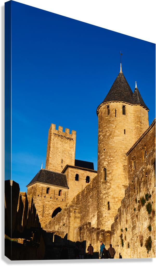 Walking along the ancient walls of Carcassonne in France during 