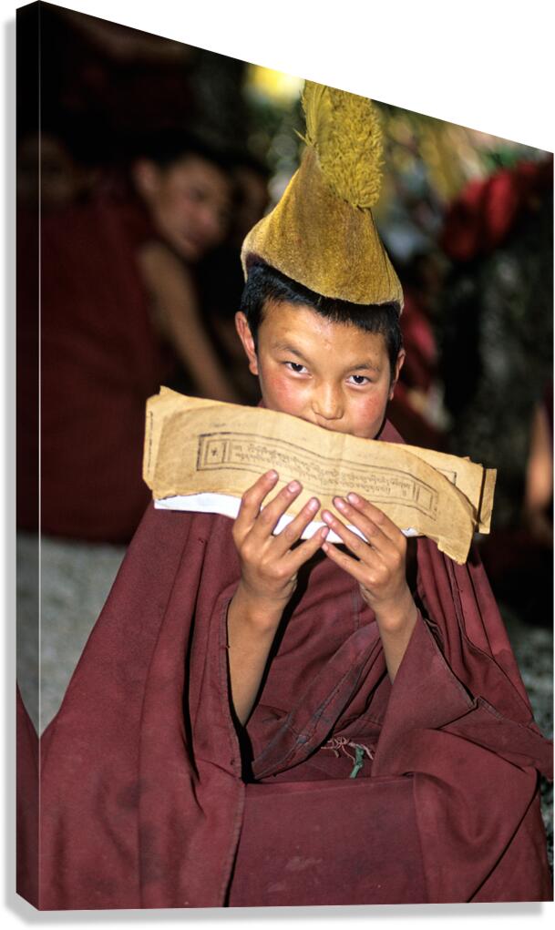 Young monk reads scripture in Tibet under natural light