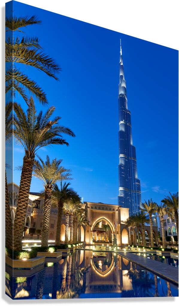 Dubai skyline with Burj Khalifa palm trees and reflections at 