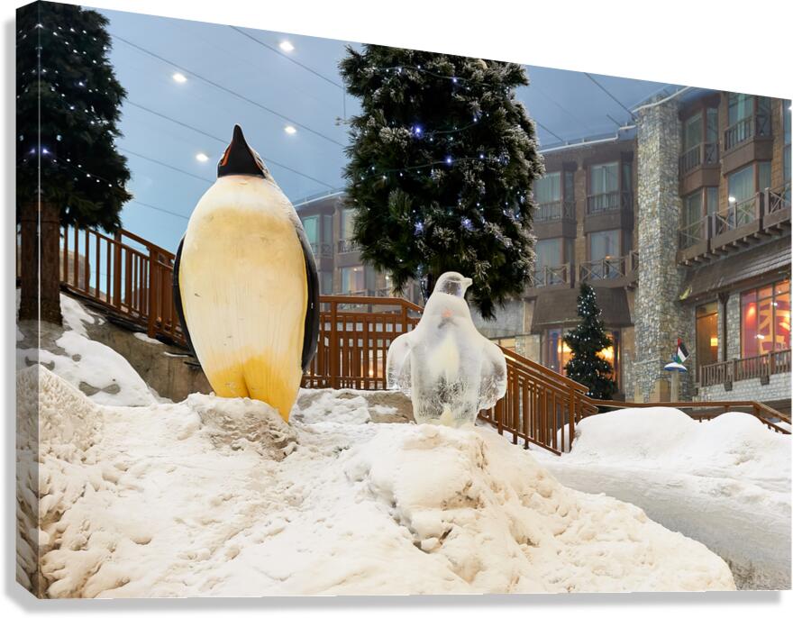 Winter wonderland in Dubai featuring penguin statues and trees