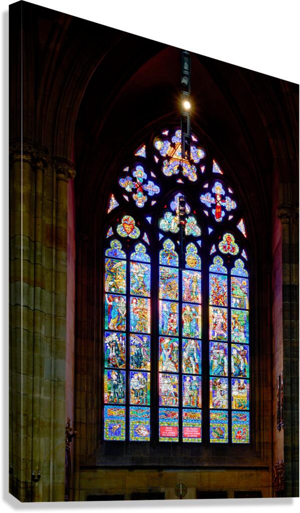 Vibrant stained glass window in a gothic cathedral.