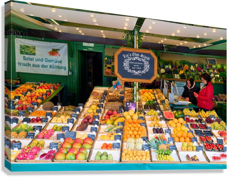 Fresh produce stands at Viktualienmarkt in Munich Germany