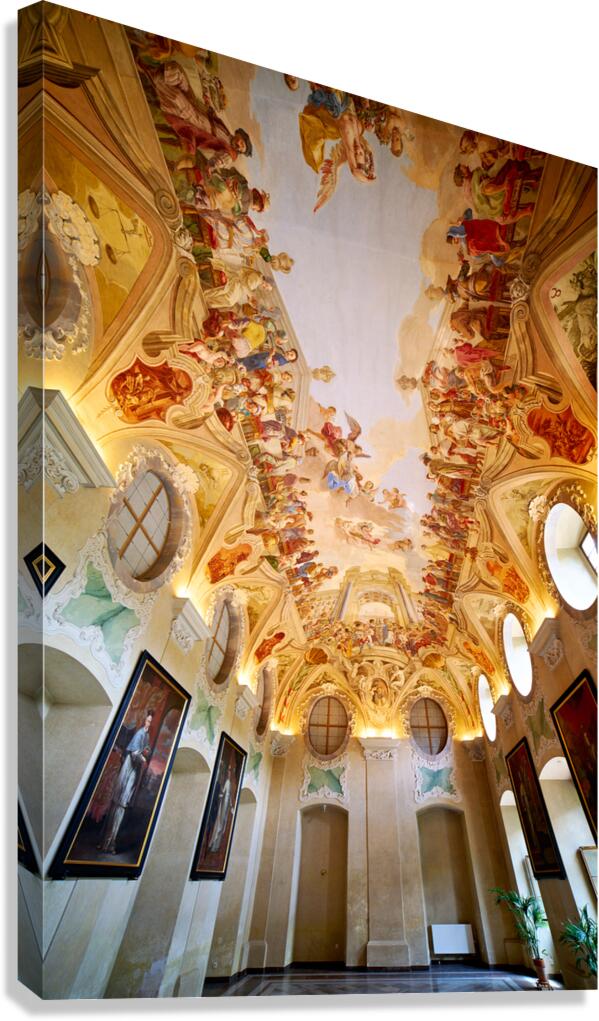 Grand hall with elaborate Baroque ceiling frescoes and wall art.