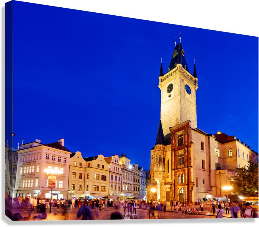 Prague Old Town Square Astronomical Clock bustling at night.