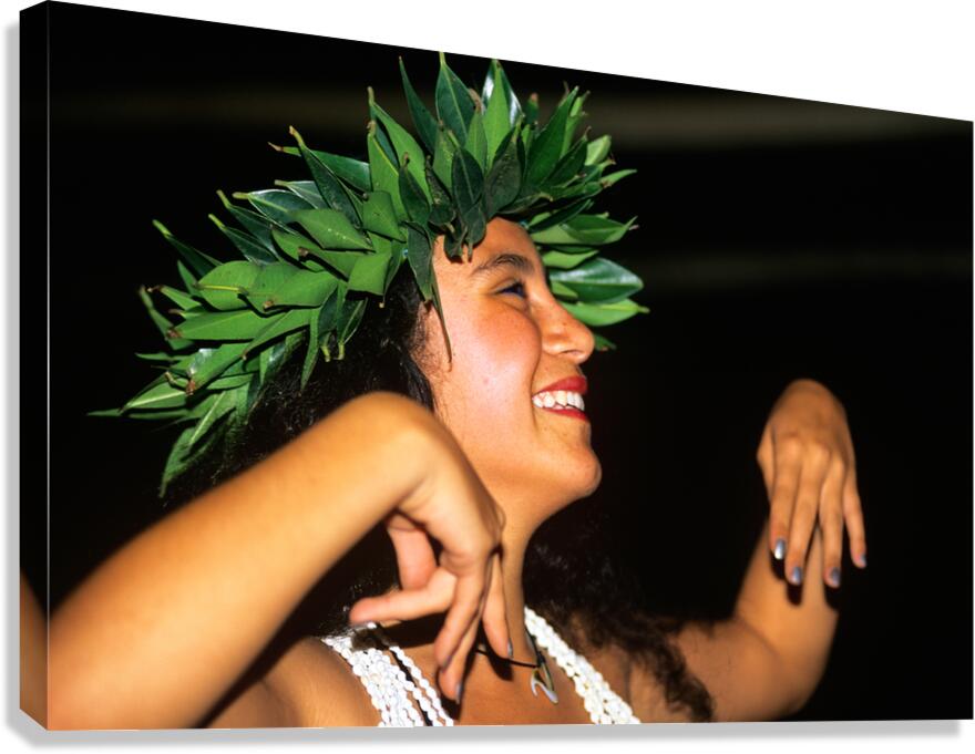 Smiling woman dances in traditional dress on Easter Island