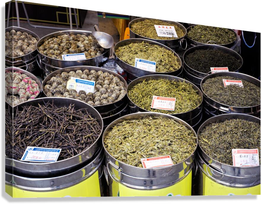 Assortment of teas for sale in metal bins at market in Shanghai