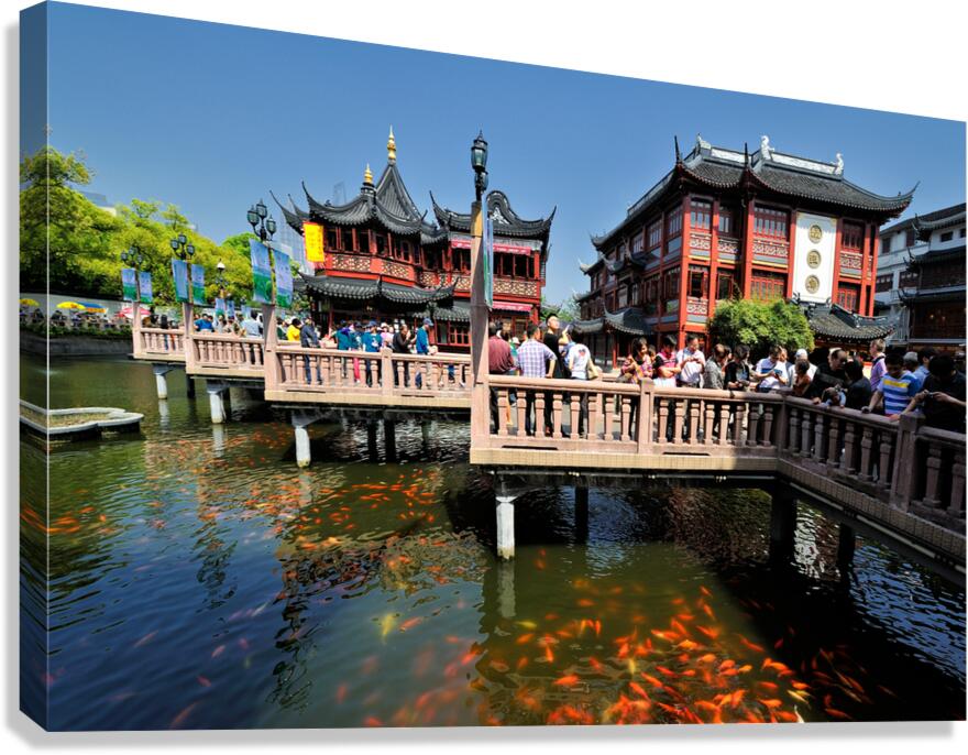 Crowds gather in traditional Chinese garden with fish pond in Sh