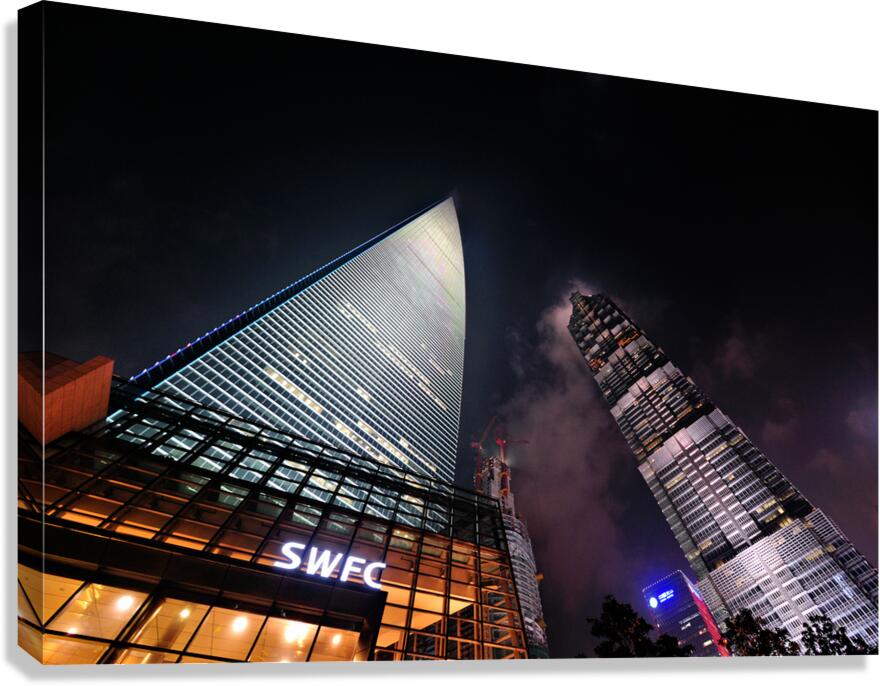 Bright lights of Shanghai skyscrapers at night in China