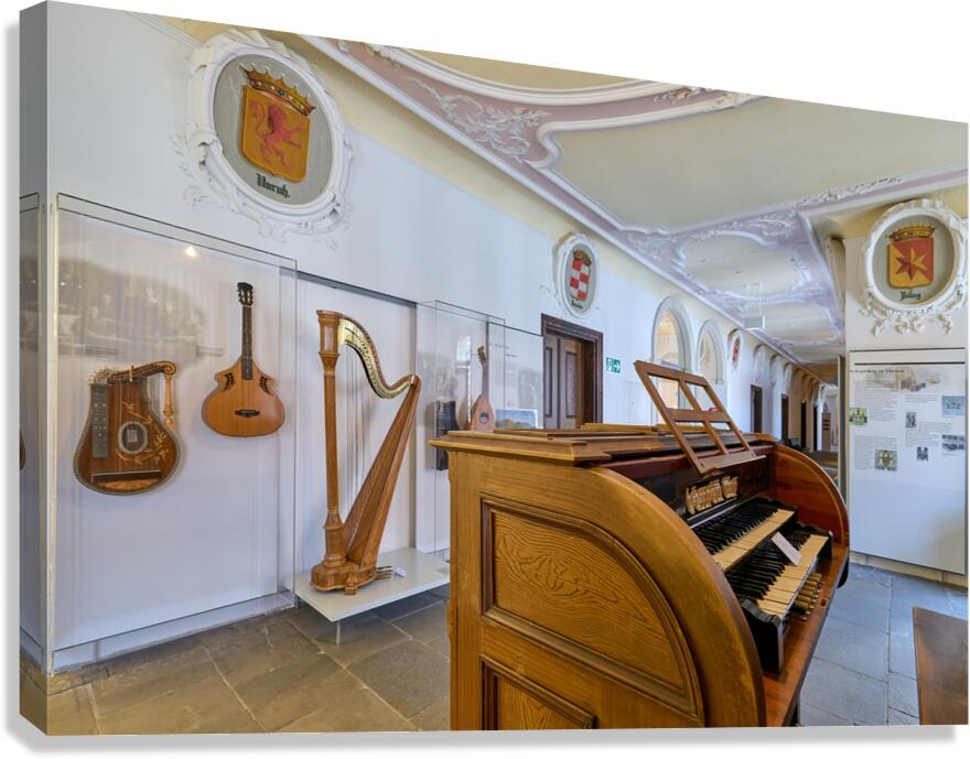 Musical instruments on display at St. Mang Abbey in Bavaria