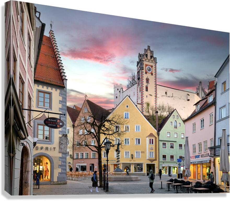 Dusk in downtown Fussen along the Romantic Road in Bavaria Germ