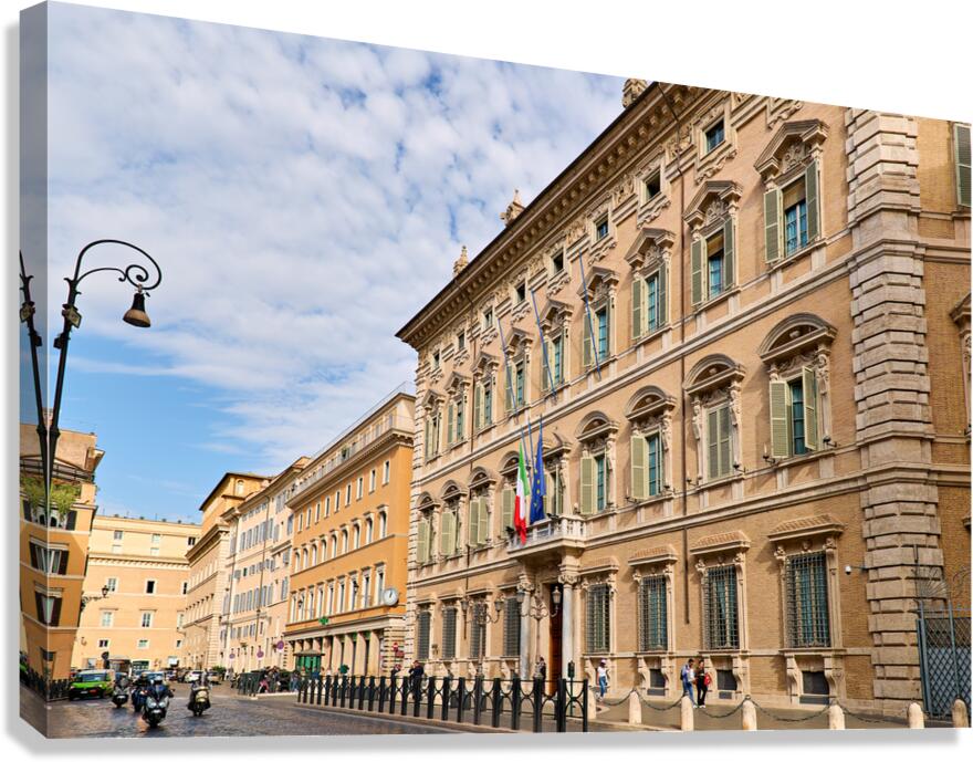 Palazzo Madama in Rome along a city street with people and vehic