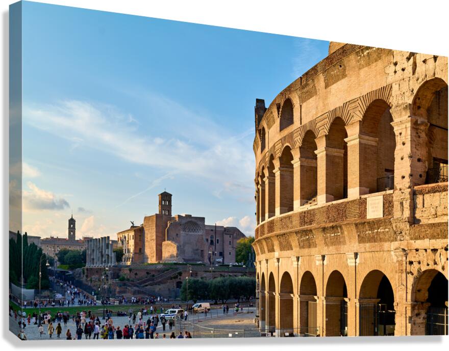 Colosseum stands in Rome with visitors exploring nearby