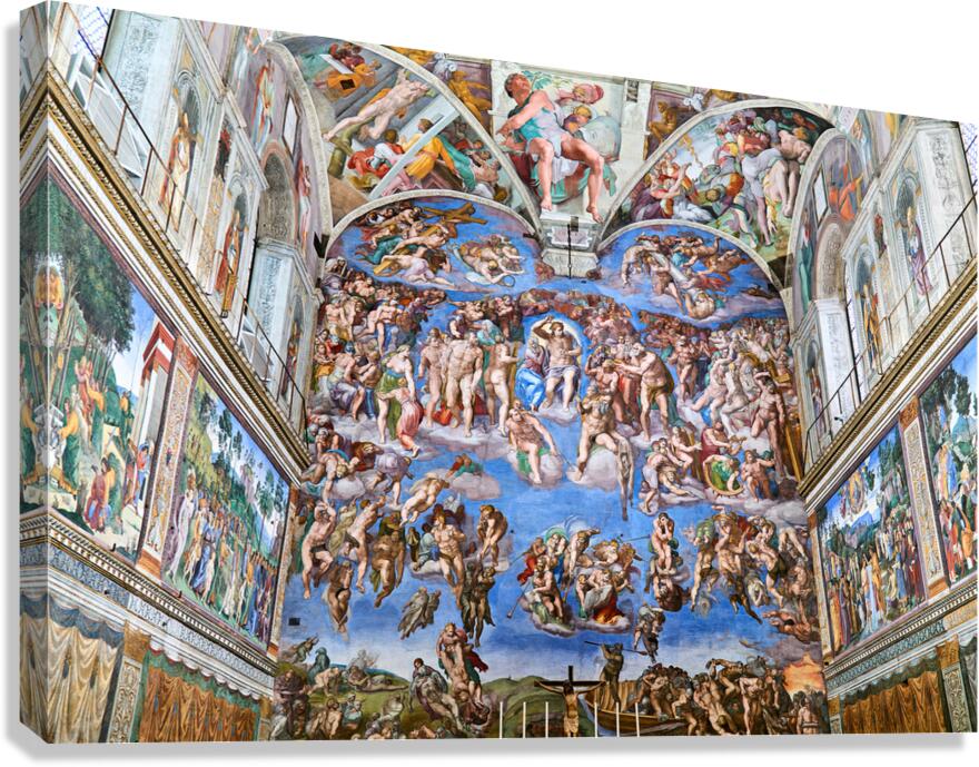 Visitors stand beneath the ceiling of Sistine Chapel in Vatican 
