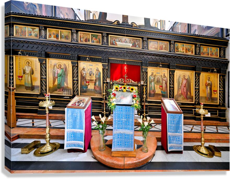 Orthodox Church interior in Jerusalem with icons and altar setup