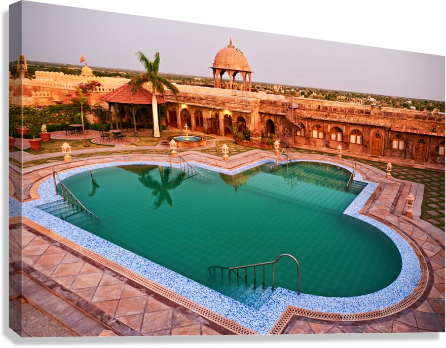 Khimsar Fort pool area in Rajasthan during sunset