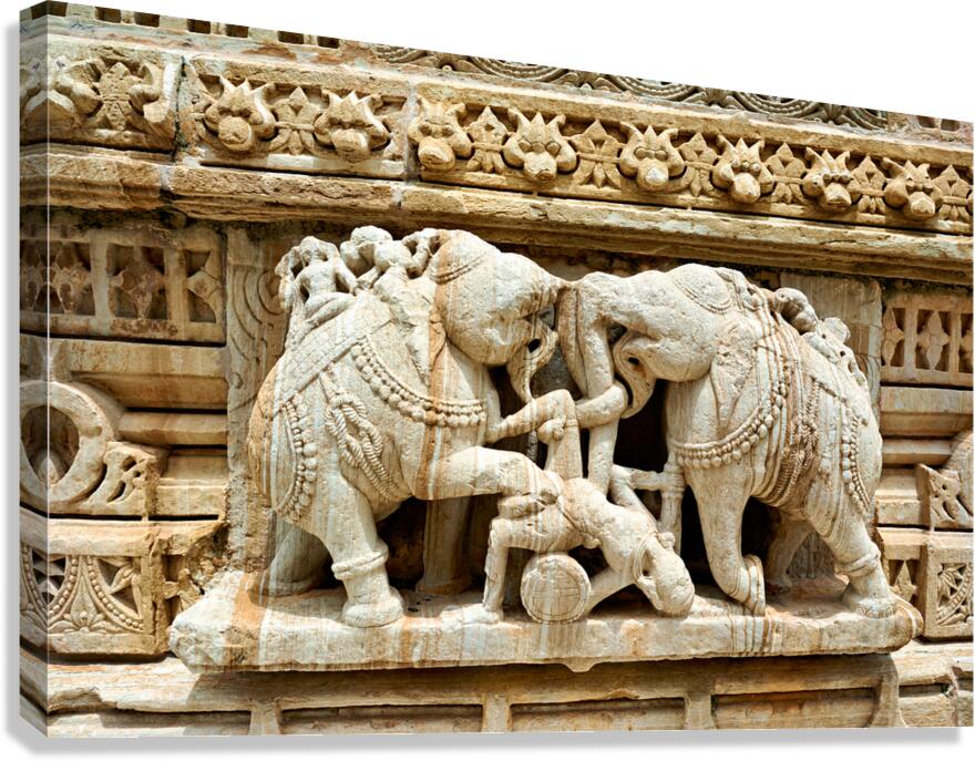 Elephants and warriors carved on Chittorgarh Fort wall in Rajast