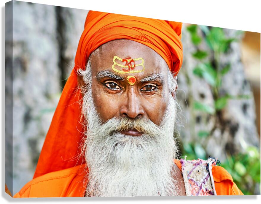 Holy man in Rajasthan Jaipur stands near a tree in the sunlight