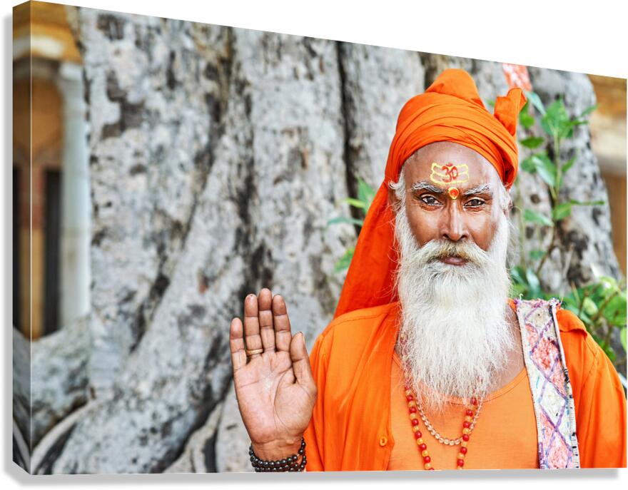 Sadhu in orange robe stands near tree in Jaipur Rajasthan