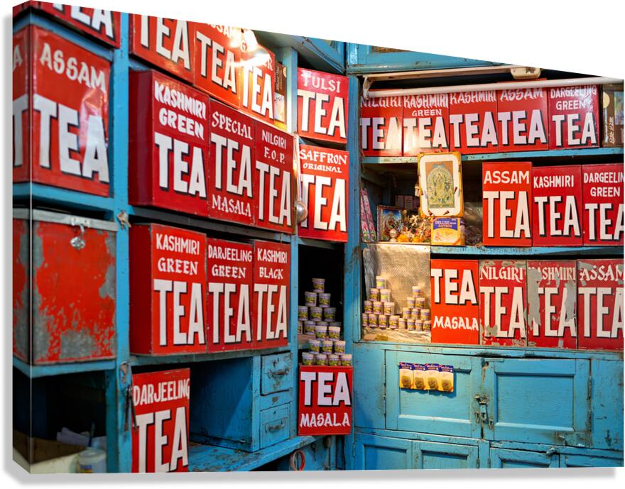 Varanasi tea stall with various tea types and colorful boxes