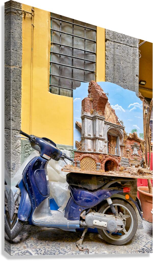 Christmas nativity scene displayed on motorbike in Naples Italy