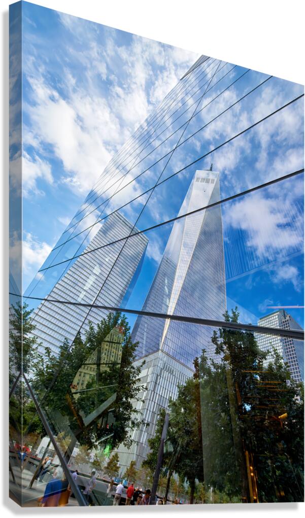 Reflection of One World Trade Center and buildings in Manhattan