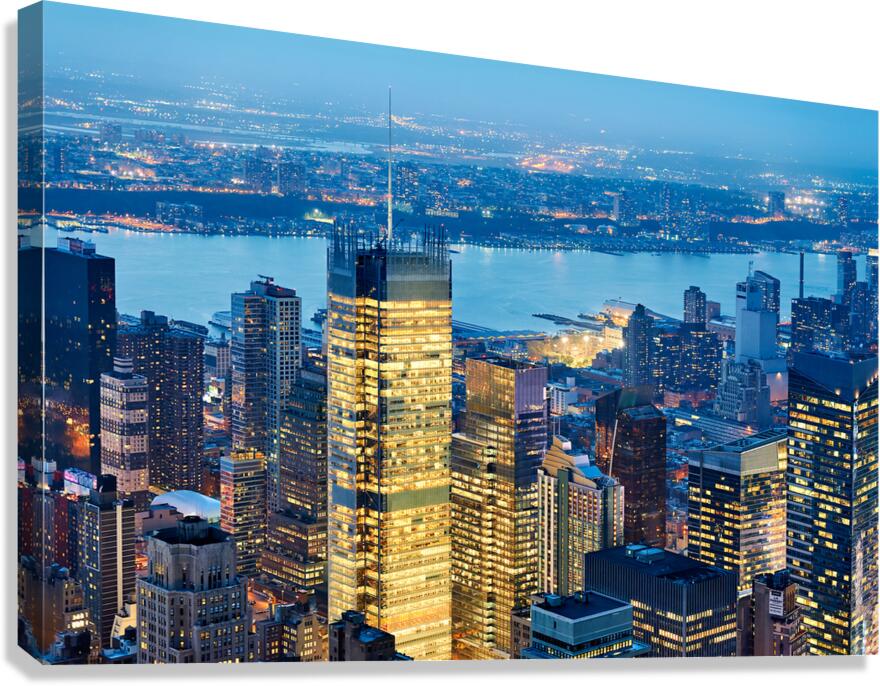 Aerial view of Manhattan skyline at dusk over New York City