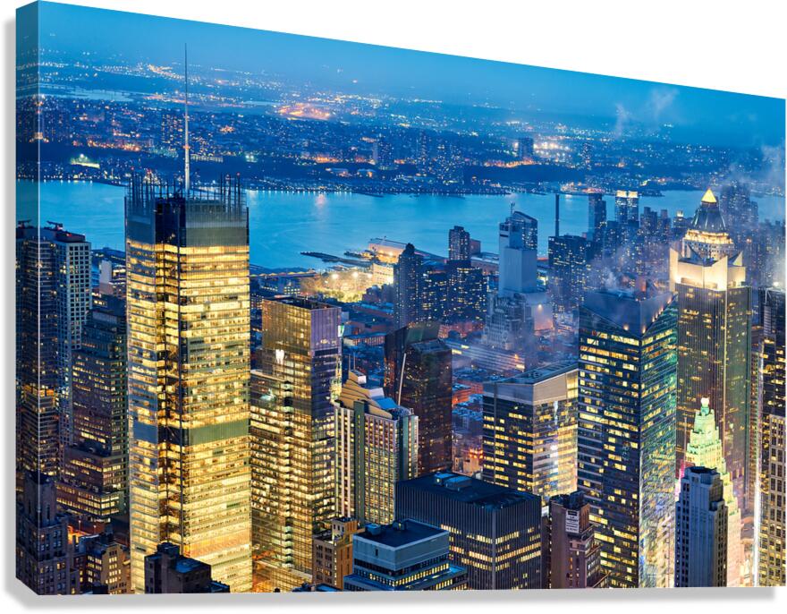 Aerial view of Manhattan skyline during dusk hours in New York