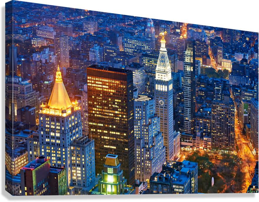 Manhattan skyline view at dusk from above in New York City