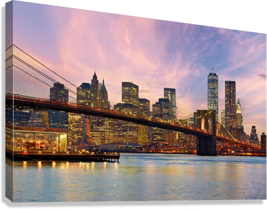 Brooklyn Bridge and New York City skyline at sunset in HDR