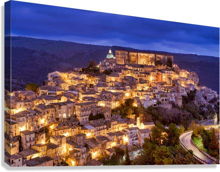 Panorama view of Ragusa Ibla old town during sunset in Sicily