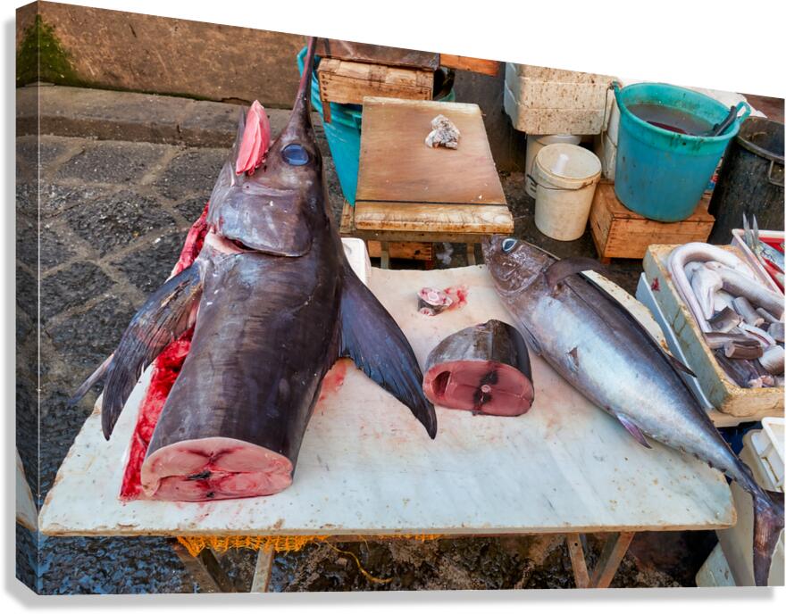Fresh seafood displayed at Piscaria market in Catania Italy