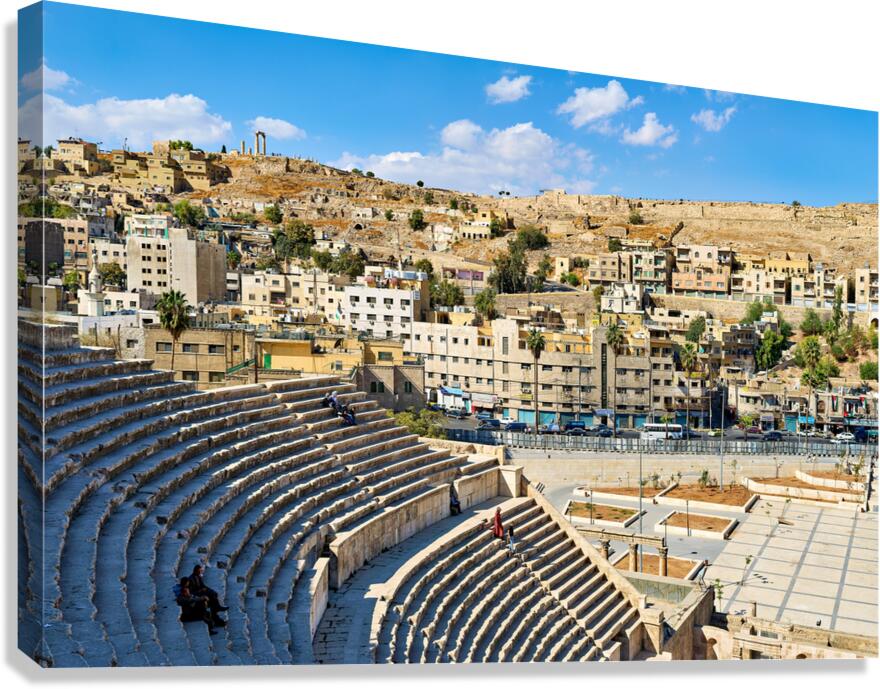 View of Roman Theater in Amman Jordan with surrounding buildings