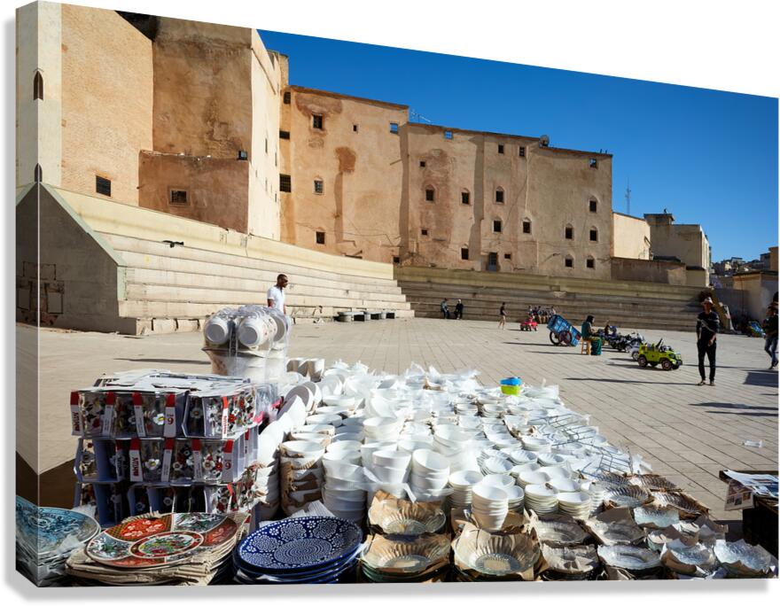 Market scene in Fez with ceramic mugs and home accessories for s
